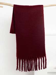 1pc Solid Color Scarf, Warm Neck Accessory For Winter, Thick Knitted Wool Tassel Shawl, Suitable To Pair With Dresses - Red - View 2