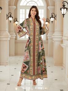 Elegant Women's Notched Neck Long Sleeve Dress, Made Of Soft Fabric With Vibrant Bohemian Print, Showcasing A Graceful Style - BX06 - View 3