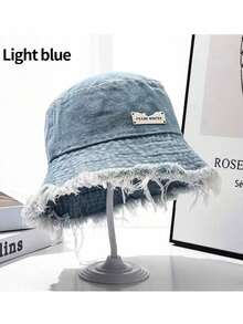 1pc Raw Hem Bucket Hat Letter Label Basin Hats Stylish Versatile Lightweight Bucket Hats