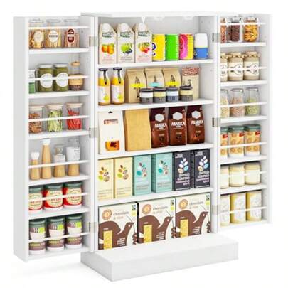 Kitchen Pantry Cabinet 17-Tier Buffet Sideboard W/ 180° Double Doors And 6 Adjustable Shelves Kitchen Storage Cabinet Space-Saving Cupboard For Dining Room Living Room And Entryway White