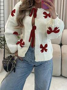 FOR BEAUTY 红色圆领蝴蝶结长袖针织开衫，宽松时尚，优雅别致，前系带设计，百搭实用，适合狂欢节、新年、情人节等场合。 - 深紅 - 查看 3