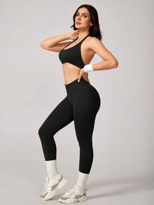 NcmRyu 1 Set Sujetador deportivo elástico de unicolor y pantalones ajustados suaves para mujer, conjunto de entrenamiento negro de verano - Negro - Ver 8