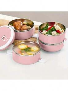 1/2/3/4pcs Stainless Steel High-Quality Solid Color Lunch Box With Lid, Multi-Layer Compartment, Multi-Functional, Heat-Resistant, Leak-Proof, Insulated, With Handle And Vent, Made Of Premium Materials, Suitable For Home, Kitchen, Dining, Office, Students, Hospitals, Visiting, Picnics, Camping And Travel - Pink - View 2