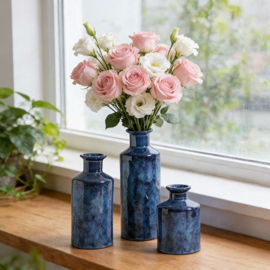 Blue Ceramic Vases - 3 Small Blue Vases With A Rustic, Country Style, Perfect For Home Decor. Suitable For Living Rooms, Tabletops, Entryways, Etc. Also Suitable For Offices, Living Rooms, Dining Rooms, Bedrooms, Bathrooms, Etc. Home Decor Vases, Flower Vases, Holiday Decoration Vases. - Blue - View 1