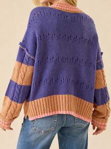 Womens Fall Winter Sweater Loose Fit Casual Contrast Color Ribbed Trim Crew Neck Long Sleeve Knit Tops - Purple - View 4