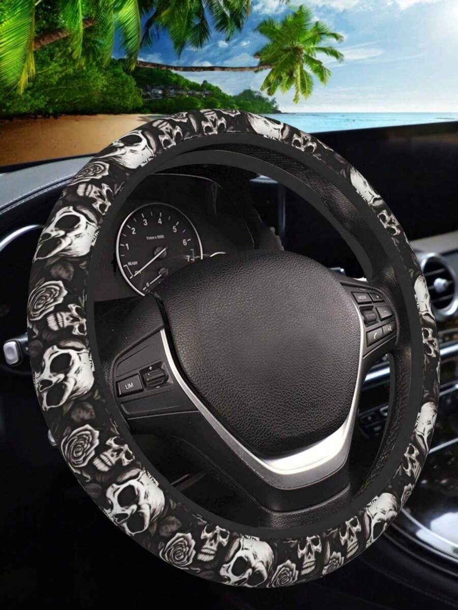 [Skull Steering Cover] 15 Inch Polyester Skull And Rose Elastico Car Steering Wheel Cover - Universal Fit, No Inner Ring - Black and White - View 1