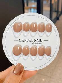 JUTI 10pcs/Set Handmade Short Almond Shape White French Fashion Design Full Coverage Fake Nails Press-On Nail Art Supplies Suitable For Office Ladies, Parties And Daily Wear Full Coverage Fake Nails - Multicolor - View 12
