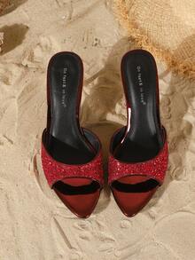 On feet& in love 女士时尚优雅亮片尖头绑带露趾拖鞋,适合搭配连衣裙和高跟鞋 - 紅色 - 查看 7