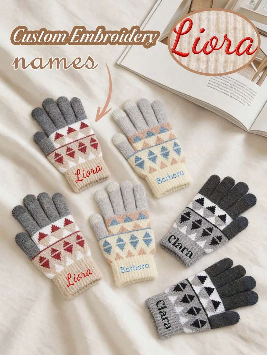 Customized Embroidered, Personalized Adult Winter Warm Thermal Lined Knitted Gloves, Alpaca Wool Blend, Diamond Jacquard Touchscreen Gloves, Gift For Family And Friends, Customized Christmas Gift - A - View 1