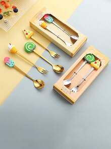 1 pièce/2 pièces Ensemble cadeau de couverts en acier inoxydable - cuillère à dessert et fourchette de dessin animé, brasseur à café, fourchette à fruits - Multicolore - Voir 1