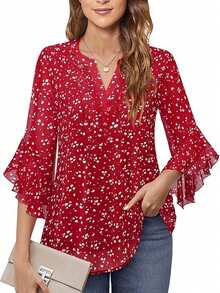 Blus Chiffon Motif Bunga Wanita dengan Hiasan Ruffle, Lengan 3/4, Leher V Lembut - Atasan Kantor/Kasual Elegan untuk Liburan Musim Semi, Musim Panas, Musim Gugur, Warna Merah - Merah - View 4