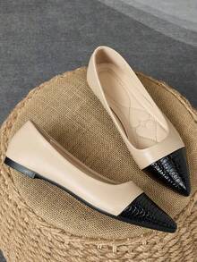 女士时尚尖头套脚鞋，休闲百搭杏色和黑色撞色鞋，适合办公室、户外、派对、婚礼、春夏等场合。 - 杏色 - 查看 2