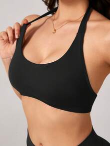 NcmRyu 1 Set Sujetador deportivo elástico de unicolor y pantalones ajustados suaves para mujer, conjunto de entrenamiento negro de verano - Negro - Ver 5