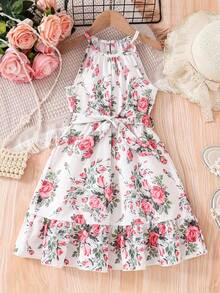 Đầm midi không tay in hoa cho bé gái, có bèo nhún ở gấu và thắt lưng điều chỉnh được, trang phục thường ngày cho kỳ nghỉ ở bãi biển, hồ bơi hoặc các hoạt động ngoài trời, chất liệu không co giãn. - trắng - Xem 1