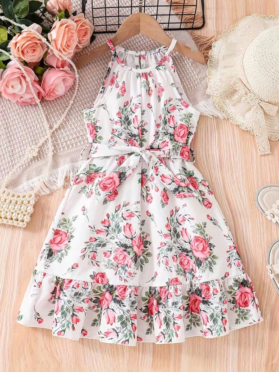 Đầm midi không tay in hoa cho bé gái, có bèo nhún ở gấu và thắt lưng điều chỉnh được, trang phục thường ngày cho kỳ nghỉ ở bãi biển, hồ bơi hoặc các hoạt động ngoài trời, chất liệu không co giãn. - trắng - Xem 1