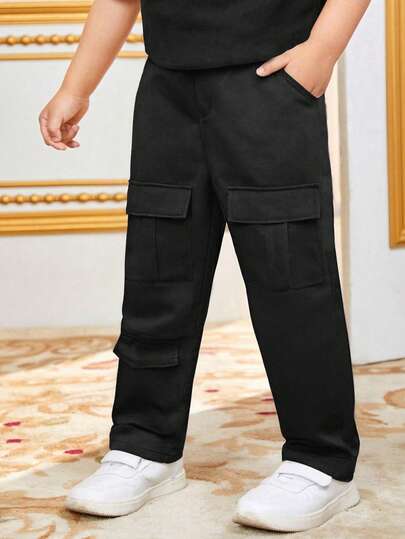 1件装 男童休闲复古简约纯色多口袋工装裤