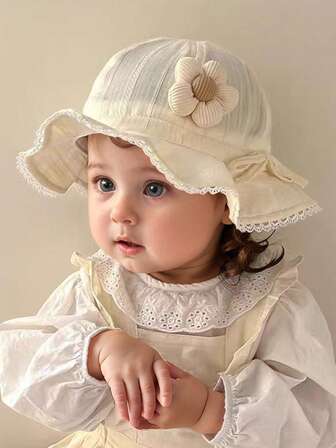 1顶婴儿花朵遮阳帽，春秋新款，男女宝宝防晒帽，公主蕾丝渔夫帽，适合户外活动，适合1-2岁宝宝