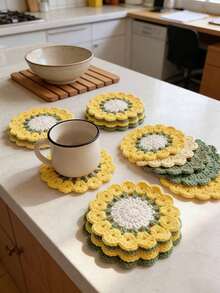 3pcs, Handmade Cute Coasters, Funny Pink Flower Coasters, Crochet Coaster Set For Drinks With Flowerpot Holder, Fun Soft Decorative Coasters Housewarming For New Home Bar Desk - Multicolor - View 4