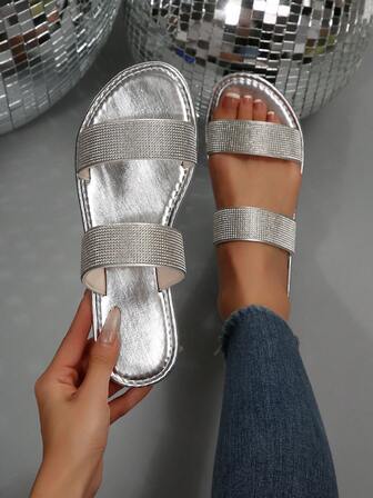 Plus Size Women Comfortable Simple Round Toe Flat Sandals With Double Straps And Rhinestones, Casual Slip-On Flat Sandals For Beach, Vacation, Summer