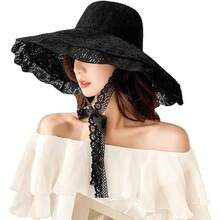 Ladies Floppy Lace Sun Hat Womens Foldable Wide Brim Fedoras UPF 50+ Summer Sun Visor Cap Large Beach Bucket Hat - 黑色 - 查看 1