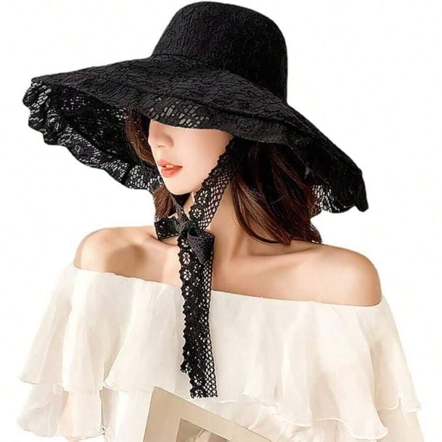 Ladies Floppy Lace Sun Hat Womens Foldable Wide Brim Fedoras UPF 50+ Summer Sun Visor Cap Large Beach Bucket Hat - 黑色 - 查看 1