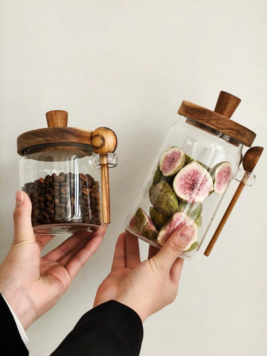 1pc/3pcs Set High Borosilicate Glass Storage Jars With Wooden Lids, Kitchen Airtight Sealed Containers For Grains, Coffee Beans, Spices, Snacks, Tea Leaves, Portable Divider Bottles