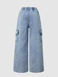 Tween Girls Casual Versatile Wide Leg Denim Effect Cargo Pants - Blue - View 2