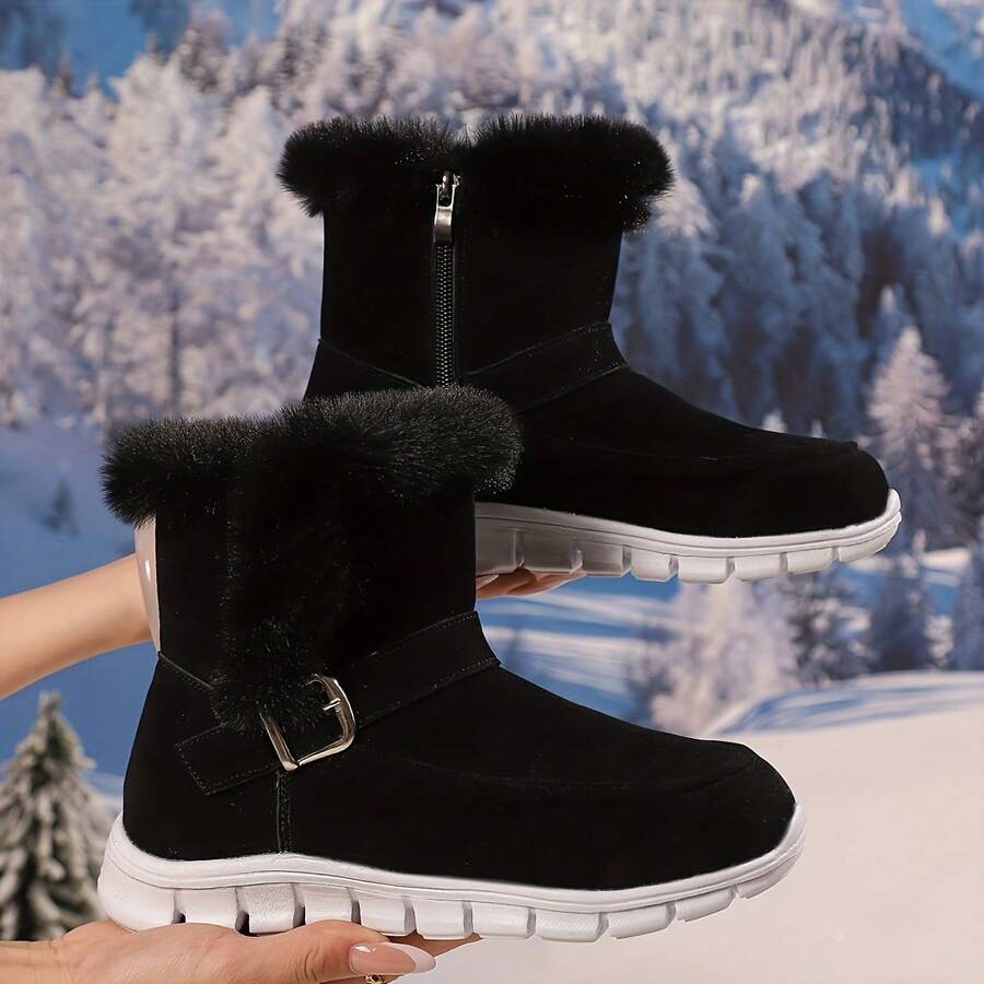 Women's Snow Boots With Buckle Decoration, Faux Suede And Teddy Fleece Lining, Simple Outdoor Sports Warm Snow Boots, Thick-Soled Short Snow Boots, Women's Flat Short Winter Fleece-Lined Warm Boots - 黑色 - 查看 1