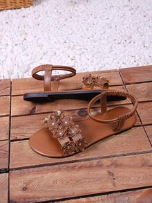 女士时尚圆头花卉绑带露趾平底凉鞋 - 棕色 - 查看 8