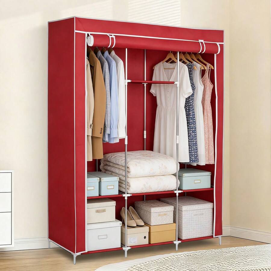 Armario ropero de tela portátil con almacenamiento, clóset organizador con doble barra para colgar y repisas, cubre polvo e impermeable, mueble guardarropa para recámara/departamento - Rojo - Ver 1