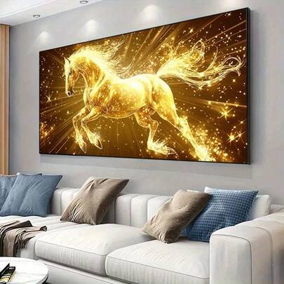 1幅无框墙面艺术海报，动物图案，现代金色骏马帆布油画，适用于客厅、卧室和起居室装饰。