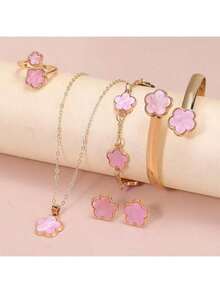 5 件优雅商务设计奢华经典闪亮四叶草手链、项链、戒指、耳环首饰套装，适合女性日常佩戴、派对、户外狂欢节、圣诞节，完美的节日礼物 - 彩色 - 查看 6