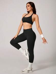 NcmRyu 1 Set Sujetador deportivo elástico de unicolor y pantalones ajustados suaves para mujer, conjunto de entrenamiento negro de verano - Negro - Ver 10