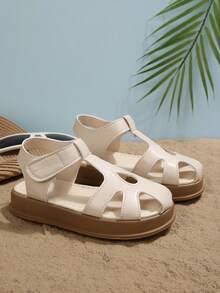 1双夏季新款女童凉鞋，幼儿/儿童编织包头软底防滑平底沙滩凉鞋 - 米色 - 查看 5