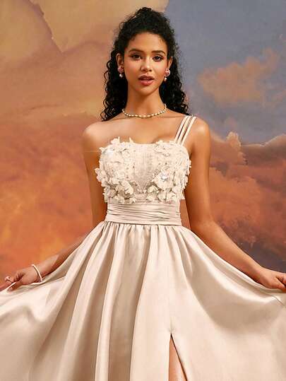  VIPGIRL New Embroidered One-Shoulder High-Waist Elegant High-End Formal Evening Dress, Beige Long Dress, Fast Shipping Women's Clothing