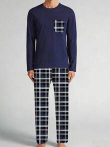 男士格子印花圆领长袖上衣和裤子两件套睡衣，休闲舒适，适合春秋季和冬季穿着。 - 藏蓝色 - 查看 3