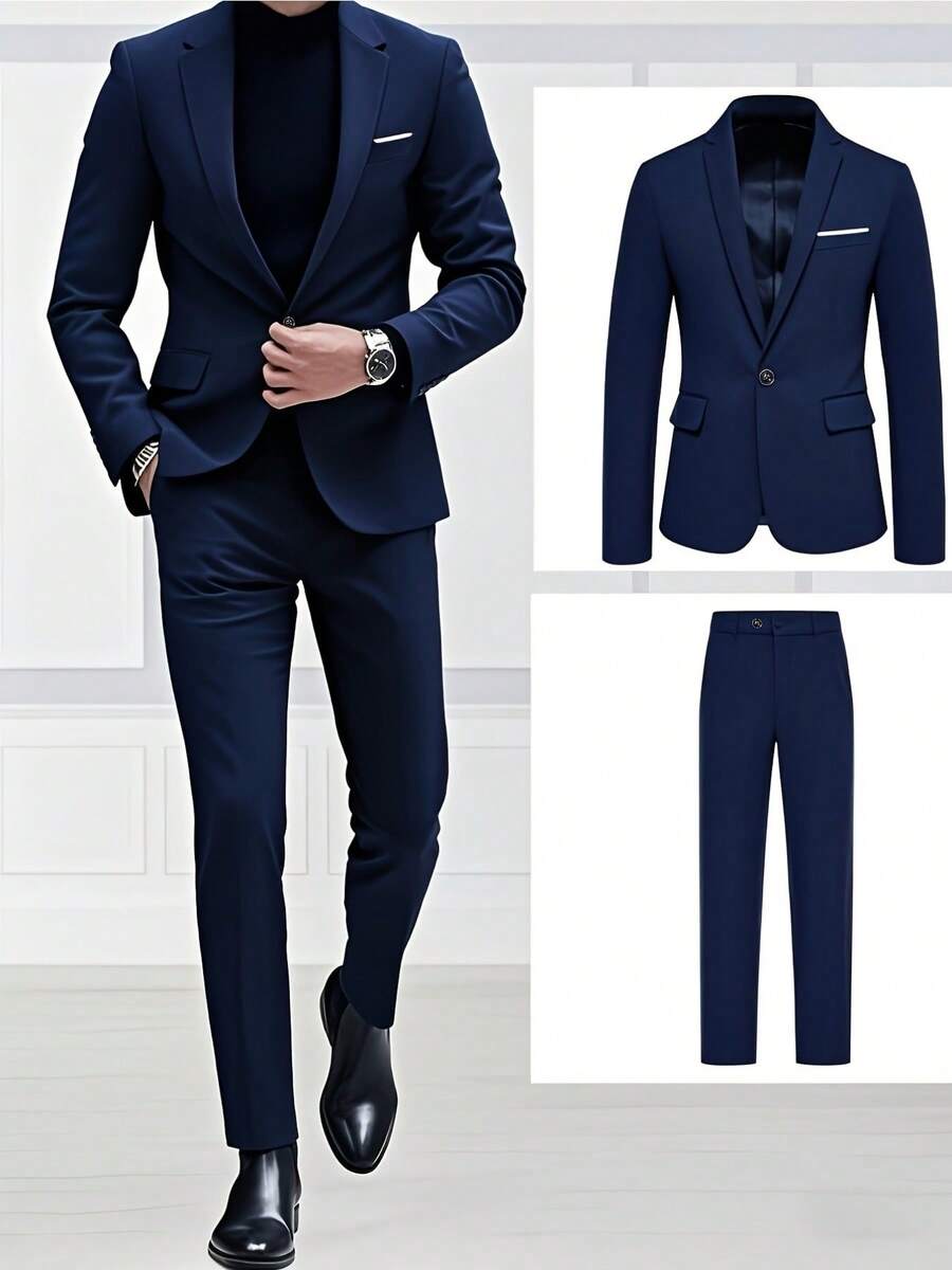 Bộ vest nam (áo khoác + quần) màu trơn, kiểu dáng công sở, trang trọng, 2 mảnh, thích hợp cho chú rể, đám cưới, vest blazer và quần tây, kiểu dáng thanh lịch, cỡ lớn.
