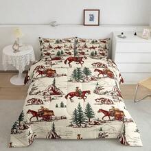 Wild West Comforter Set Queen SizeHorse Carriage Bedding Set 3Pcs For Girls Boys Adults Room Decor Mountain Trees Down Comforter Rustic Style Duvet Insert 2 Pillowcases - Color032 - View 2