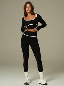 UONNOU Set sport 2 buc pentru femei, top cu mânecă lungă și pantaloni, modelator de talie, modelator de talie, subțiere a picioarelor, linii contrastante ale pieptului, orificiu pentru degetul mare, tiv scurt, moale și confortabil, potrivit pentru sporturi în aer liber, yoga, fitness, casual, viața de zi cu zi, serviciu, cumpărături, petreceri și sărbători, îmbrăcăminte sport la modă, toate anotimpurile, primăvară/vară - Negru - Vizualizare 12