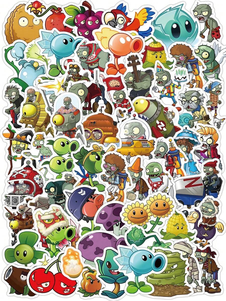 80pcs Stickers, Pea Shooter, Sunflower And Football Zombie Patterns, High-Fidelity Game Vinyl Stickers, Suitable For Game Journals, Tech Devices And Fan Collections School Supplies - Multicolor - View 1