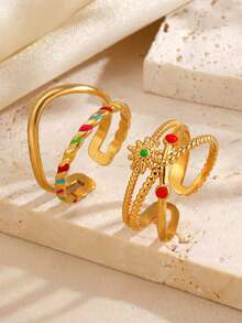 2pcs/Set Stainless Steel 18K Gold Plated Personalized Hip Hop Enamel Drip Rings Set, Suitable For Women Everyday Wear - Multicolor - View 3