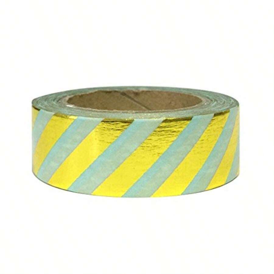 Wrapables - Cinta Adhesiva Colorida Washi, Gatos en Teatro(Rayas diagonales doradas metálicas sobre menta) - Multicolor - Ver 1