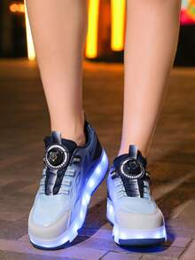 Kids' 4-Wheel Roller Skate Shoes, Children's Breathable Mesh Roller Sneakers, Lightweight Durable Wheels, Fashionable Rotating Button Adjustable LED Light-Up Shoes, USB Rechargeable, Wheels Removable, 2-In-1 Roller Skates & Sneakers