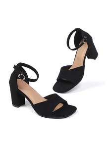 欧式方头搭扣黑色高跟鞋，多功能简约露趾凉鞋，舒适百搭，适合度假和休闲穿着 - 黑色 - 查看 11