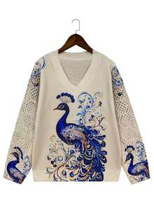 Áo len nữ cỡ lớn in họa tiết chim công thanh lịch cổ chữ V, kiểu dáng Bohemian, chất liệu dày vừa phải, không co rút, không phai màu, phù hợp cho mọi mùa như áo khoác ngoài hoặc mặc lớp, thích hợp cho hoạt động ngoài trời, ở nhà/văn phòng, là món đồ thiết yếu thời trang và thanh lịch cho mùa xuân của phụ nữ. - Màu Khaki - Xem 5