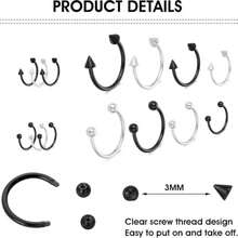 32件装18G马蹄形穿孔饰品，男女通用，多种尺寸可选，包括鼻环、鼻中隔环、眉环、唇环等。医用钢材质，可用于穿孔、眉环、唇环等。 - 銀色黑色鼻環 - 查看 4