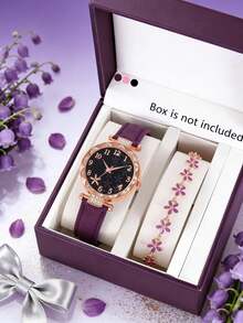 2pcs/Set Girls' Elegant Fashion Cute Floral Dial Quartz Watch With Floral Bracelet, Suitable For Girls' Daily Wear, Perfect For Girls' Party, Back To School, Vacation, Travel, Birthday, Holiday Decoration, Christmas Gift For Girls, Ideal Gift For Girls, Girls' Accessory - Multicolor - View 1