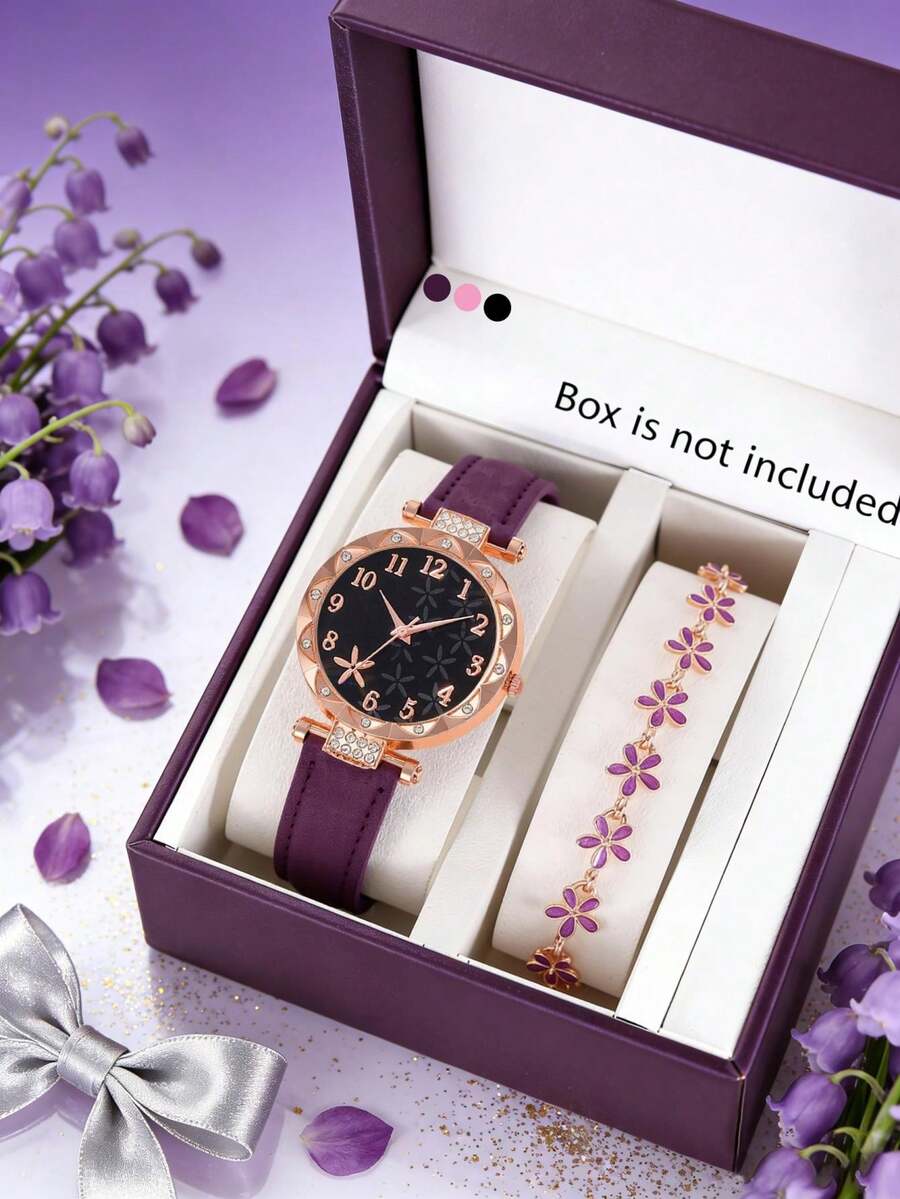 2pcs/Set Girls' Elegant Fashion Cute Floral Dial Quartz Watch With Floral Bracelet, Suitable For Girls' Daily Wear, Perfect For Girls' Party, Back To School, Vacation, Travel, Birthday, Holiday Decoration, Christmas Gift For Girls, Ideal Gift For Girls, Girls' Accessory - Multicolor - View 1