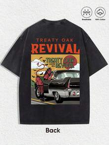 1 PCS "Retro Distressed Aesthetics Front Weathered Orange 'TREATY OAK REVIVAL' Typography & Back Same Typography + Vintage Comic-Style Illustration (Red-Haired Demon Figure, Classic Sedan, Bat Accents, Sunlit Background) + 'LEAVIN' HELL' Phrase" Print Black T-Shirt, 100% Cotton Unisex Oversized Fit Tee, Spring/Summer Casual Wear, Christmas Casual Gatherings, Street Style Hangouts, Music Festival Outings, Youthful Fashionable Design, Excellent Gifts For Friends & Fashion Enthusiasts, Urban Fashion, Daily Leisure - 黑色 - 查看 3