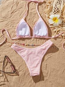 Sultry Sol 2026夏季沙滩比基尼套装 - 女士粉色格子高腰性感泳衣，独特褶皱纹理 | 柔软弹力面料，收腹提臀，凸显曲线，适合泳池/海滩度假 - 粉色 - 查看 6